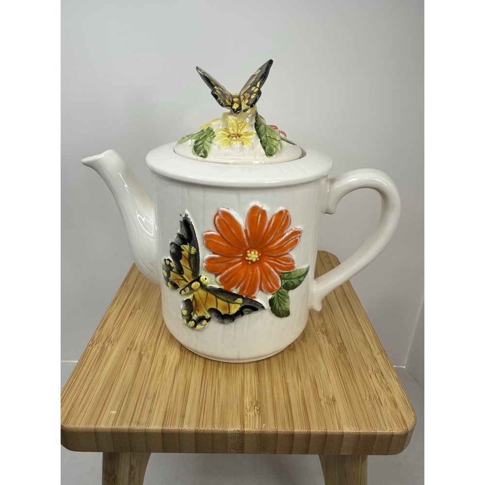 Vintage 70s Ceramic Butterfly Teapot Made In Japan Flowers MCM